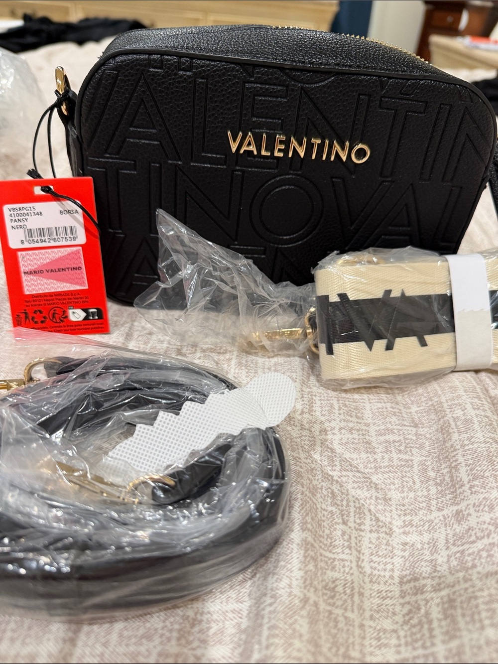 Mario Valentino Black Logo-Embossed Crossbody with Gold Hardware comes with 2 st